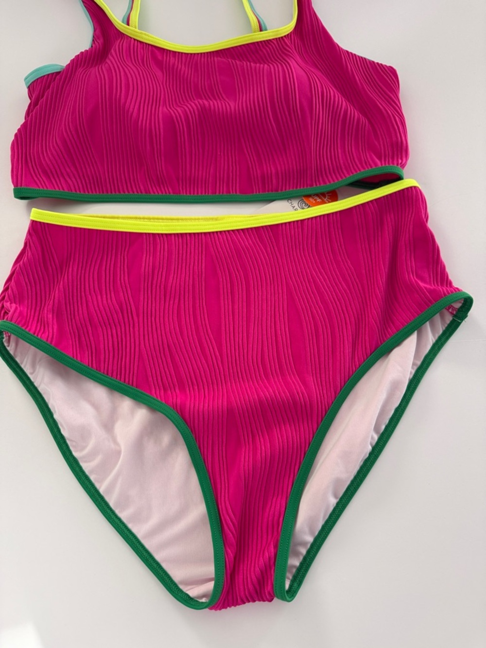 CHARMO || Neon Pink Ribbed High-Waist Bikini Set with Contrast Trim. Sz. XL - Picture 7 of 16